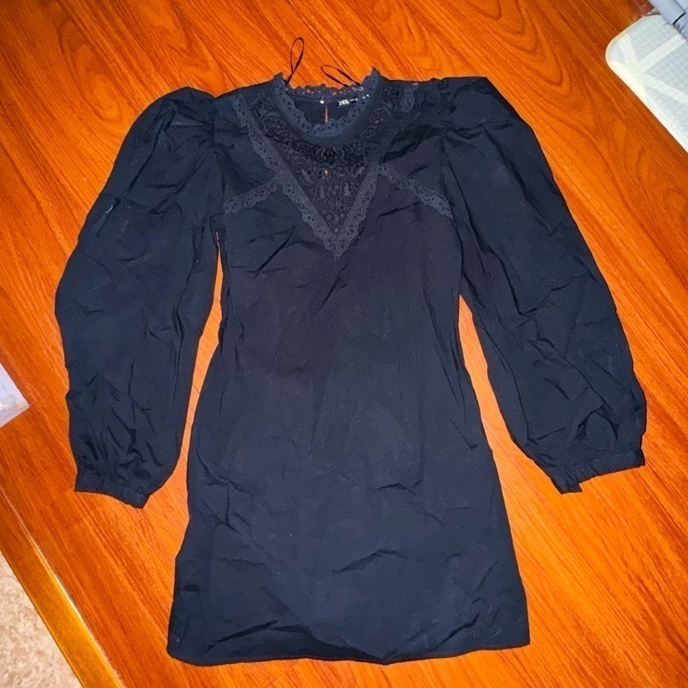 Zara Mock Neck Lace Voluminous Poplin Dress long sleeve mini size S - Picture 2 of 8